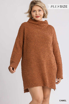 High Cowl Neck Bouclé Long Sleeve Sweater Dress | Plus