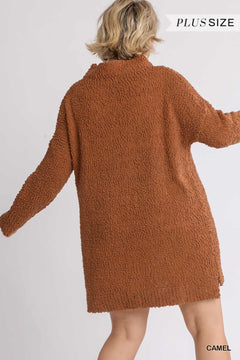 High Cowl Neck Bouclé Long Sleeve Sweater Dress | Plus