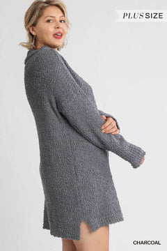 High Cowl Neck Bouclé Long Sleeve Sweater Dress | Plus