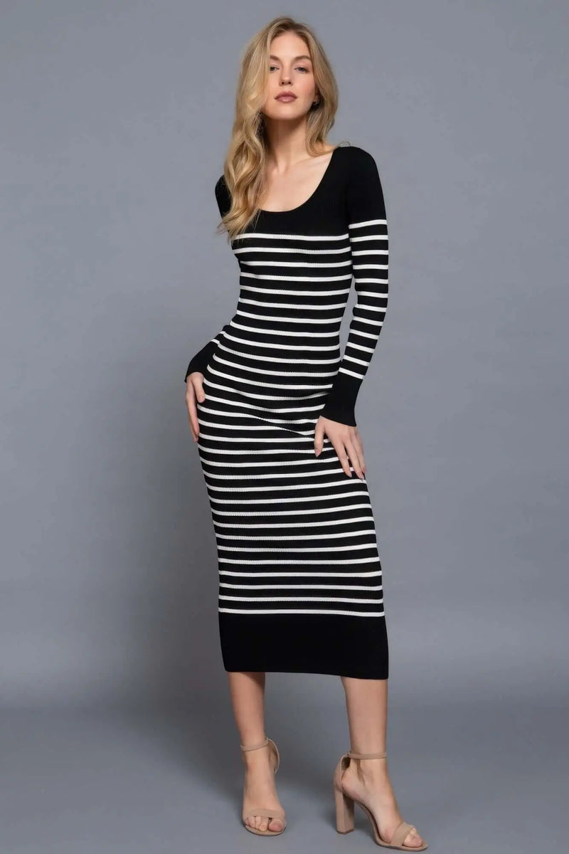 Long Slv Round Neck Stripe Sweater Long Dress Bargain Buzz