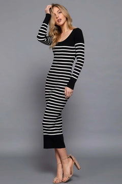 Long Slv Round Neck Stripe Sweater Long Dress Bargain Buzz