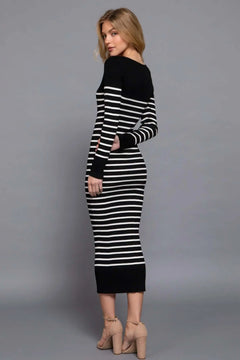 Long Slv Round Neck Stripe Sweater Long Dress Bargain Buzz