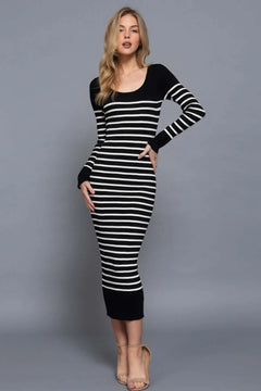 Long Slv Round Neck Stripe Sweater Long Dress Bargain Buzz