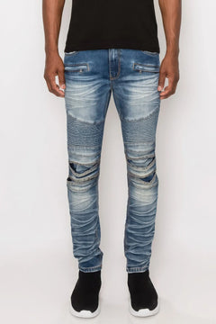 Men Creased Biker Denim Jeans