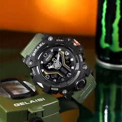 Men's Dual Time Sport Watch - Shock Resistant, LED Light, Military Sty