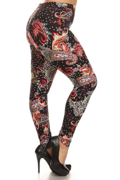 Multi-Color Paisley Print Leggings - Full-Length, High-Waisted, Fitted