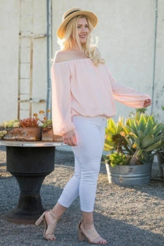 Off Shoulder Long Bubble Sleeve Solid Top ccwholesaleclothing