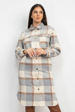 Plaid Buttoned Shacket Coat ccwholesaleclothing