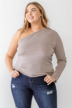 Plus Mocha Textured One Shoulder Top ccwholesaleclothing