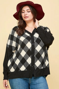 Plus Size Buffalo Plaid Knit Button Up Oversize Cardigan ccwholesaleclothing