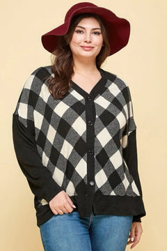 Plus Size Buffalo Plaid Knit Button Up Oversize Cardigan ccwholesaleclothing