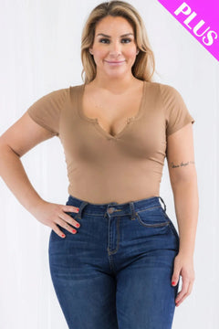 Plus Size Casual Split Neck Solid Short Sleeve Bodysuit Bargain Buzz