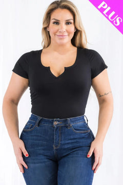 Plus Size Casual Split Neck Solid Short Sleeve Bodysuit Bargain Buzz