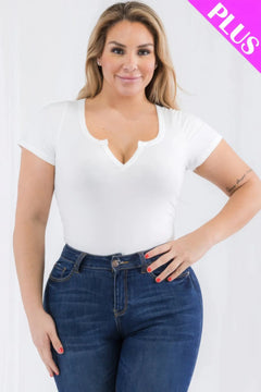 Plus Size Casual Split Neck Solid Short Sleeve Bodysuit Bargain Buzz