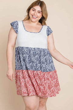 Plus Size Floral Color Block Contrast Tiered Babydoll Dress