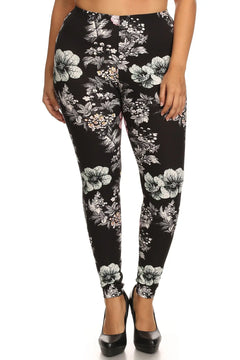 Plus Size Floral Graphic Printed Jersey Knit Legging With Elastic Wais