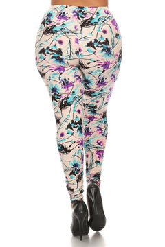 Plus Size Floral Print, Full Length Leggings In A Slim Fitting Style W