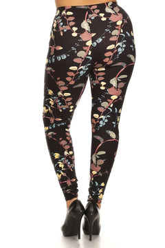 Plus Size Floral Print Full-Length Leggings - Slim Fit with Banded Hig