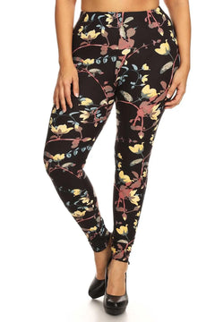 Plus Size Floral Print Full-Length Leggings - Slim Fit with Banded Hig