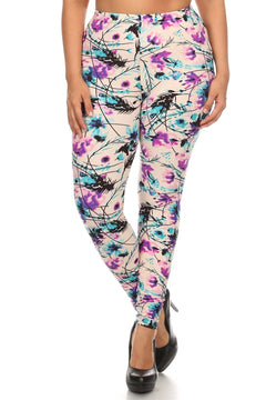 Plus Size Floral Print, Full Length Leggings In A Slim Fitting Style W