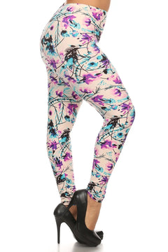 Plus Size Floral Print, Full Length Leggings In A Slim Fitting Style W