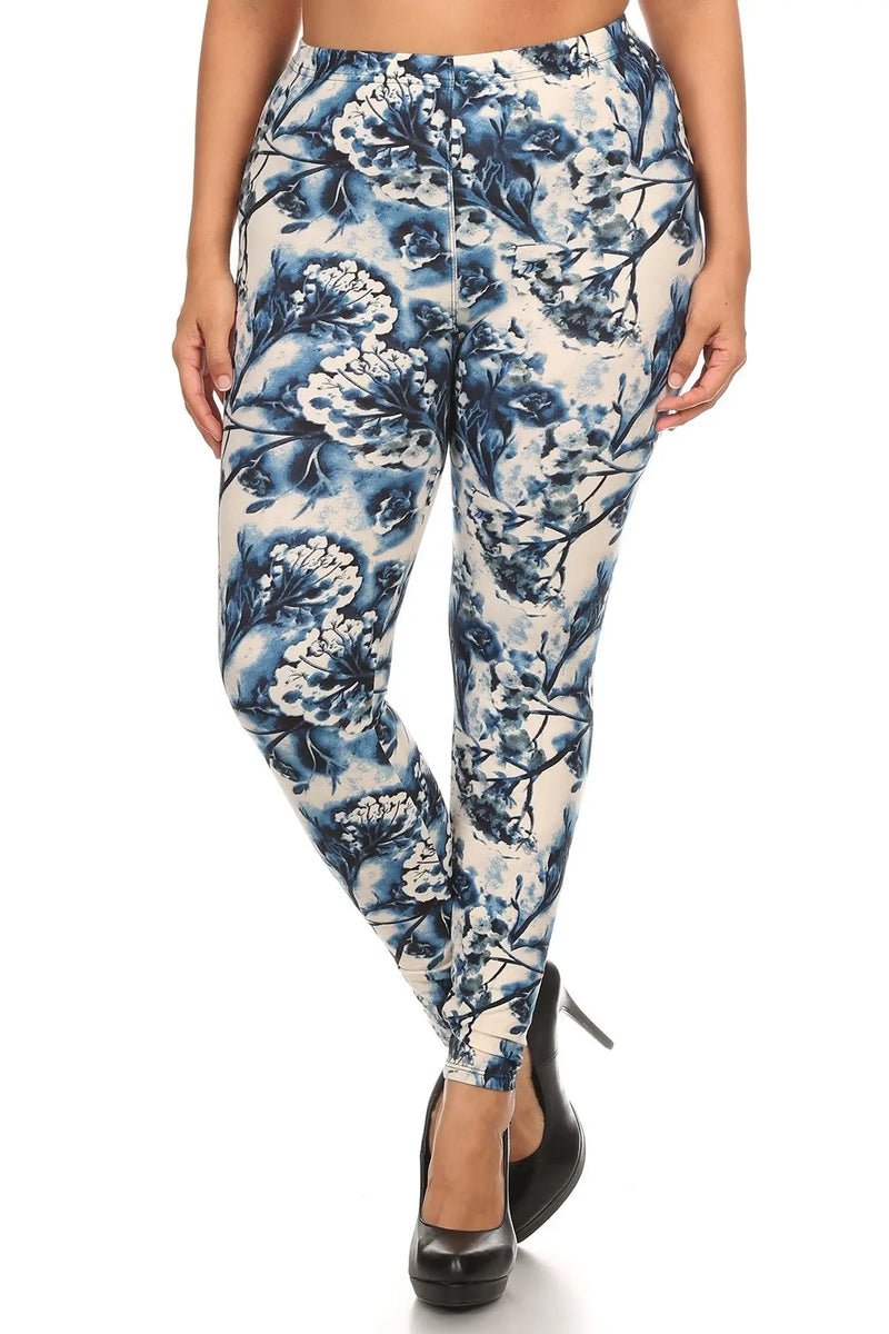 Plus Size Floral Print, Full Length Leggings In A Slim Fitting Style W