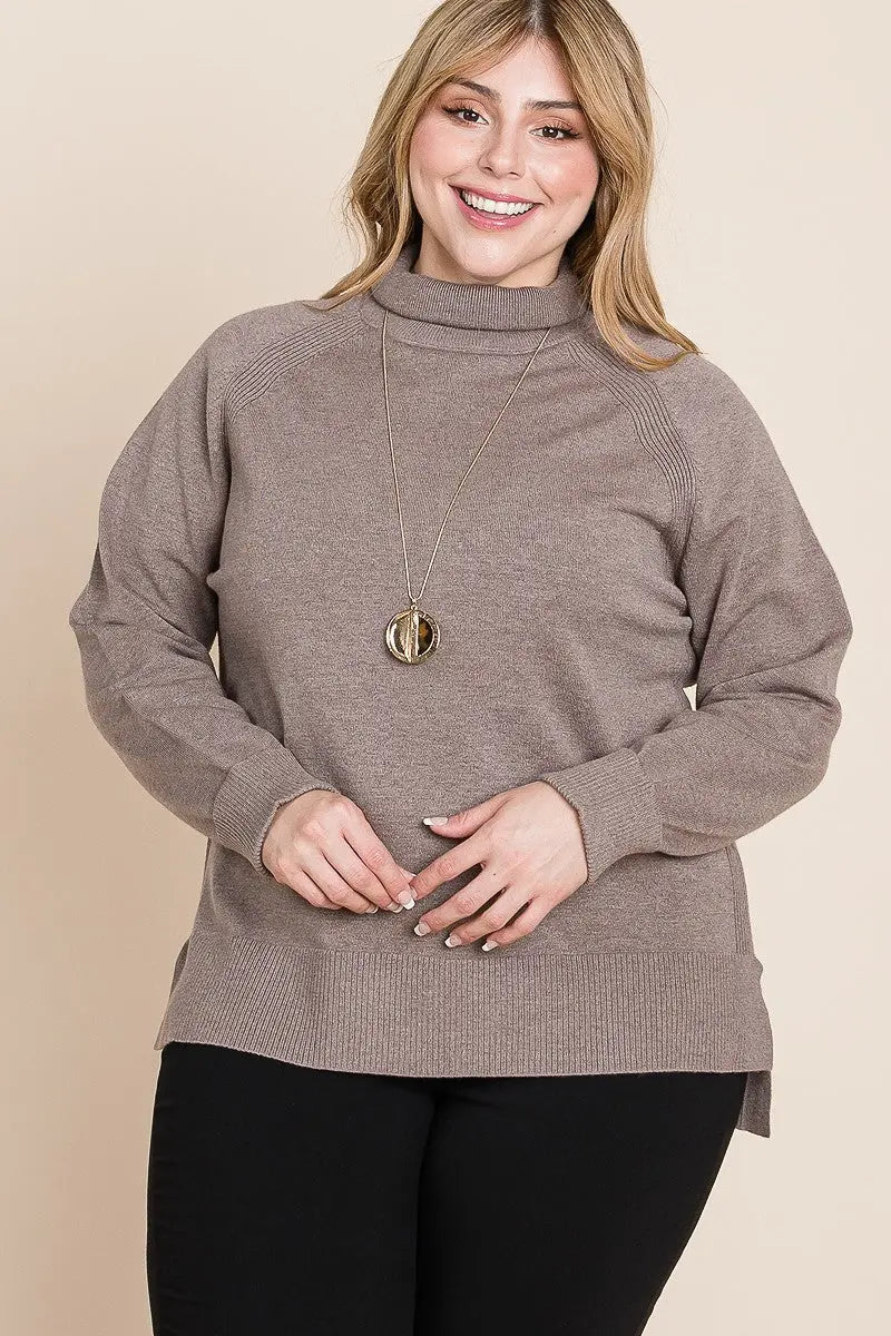 Plus Size High Quality Buttery Soft Solid Knit Turtleneck Two Tone High Low Hem Sweater ccwholesaleclothing