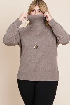 Plus Size High Quality Buttery Soft Solid Knit Turtleneck Two Tone High Low Hem Sweater ccwholesaleclothing