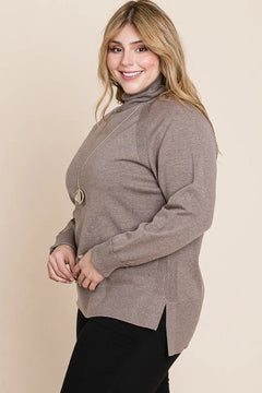 Plus Size High Quality Buttery Soft Solid Knit Turtleneck Two Tone High Low Hem Sweater ccwholesaleclothing