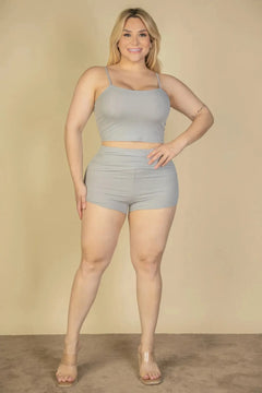 Plus Size Ribbed Cami Crop Top & Ruched Shorts Set