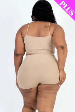 Plus Size Ribbed Cami Crop Top & Ruched Shorts Set