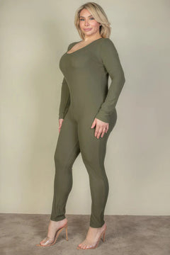 Plus Size Ribbed Scoop Neck Long Sleeve Jumpsuit ccwholesaleclothing