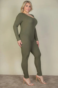 Plus Size Ribbed Scoop Neck Long Sleeve Jumpsuit ccwholesaleclothing