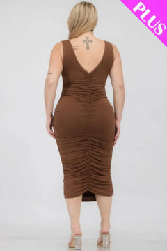 Plus Size Square Neck Ruched Bodycon Midi Dress ccwholesaleclothing