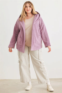 Plus Two Pocket Open Front Soft To Touch Hooded Cardigan Jacket ccwholesaleclothing