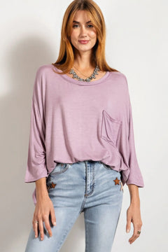 Rounded Neckline 3/4 Sleeves Washed Top Bargain Buzz