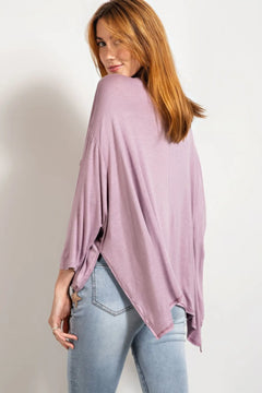 Rounded Neckline 3/4 Sleeves Washed Top Bargain Buzz