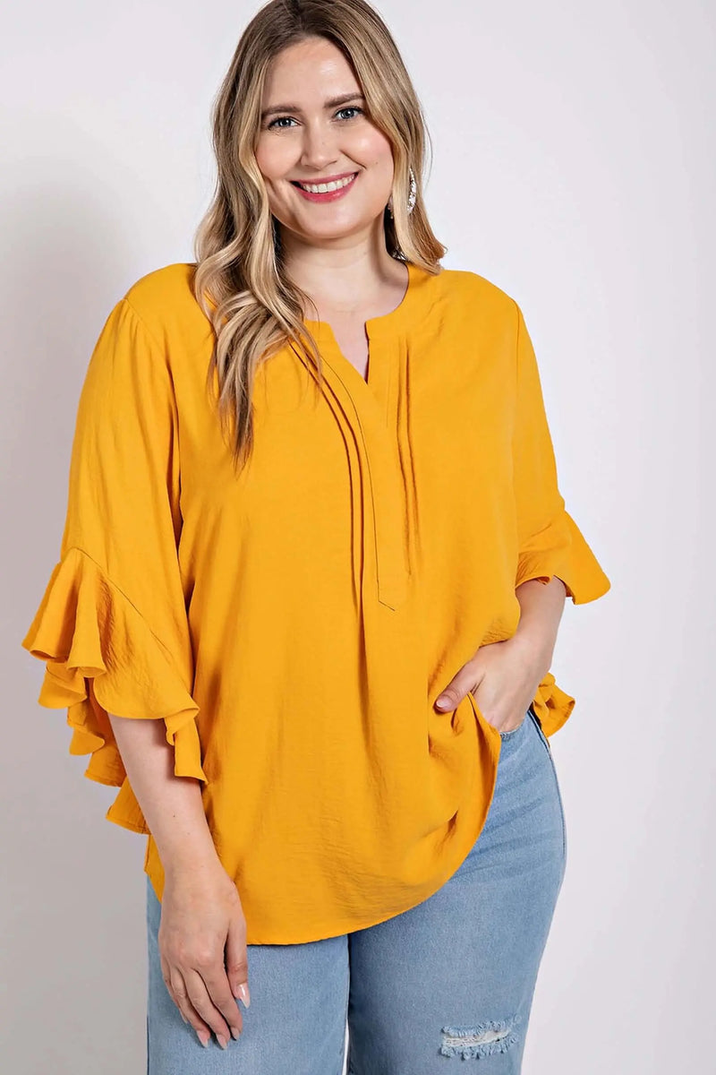 Ruffled Bell Sleeve And Front Pleated Detail Top Bargain Buzz