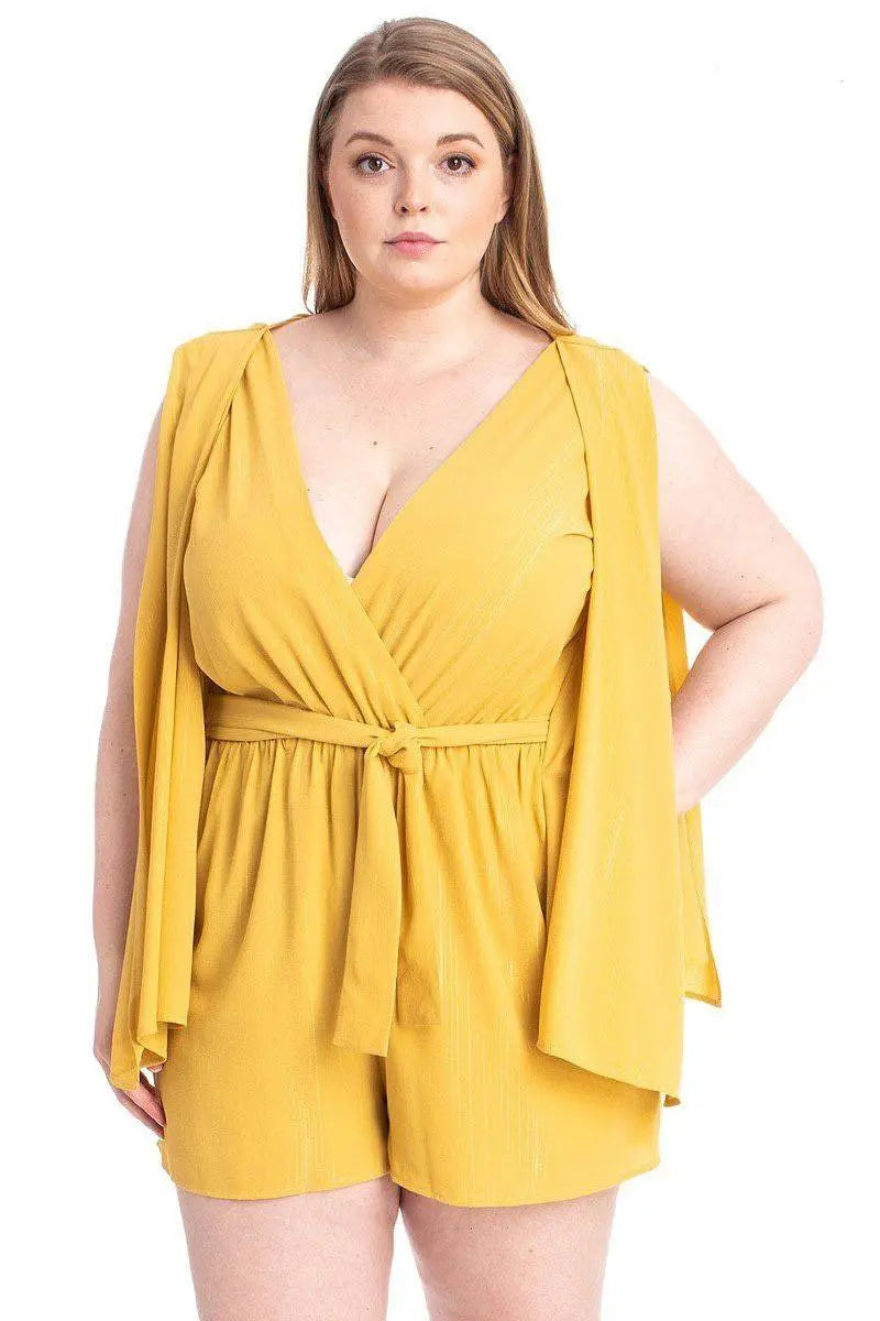 Shimmer Fabric Draped Open Sleeve Romper ccwholesaleclothing