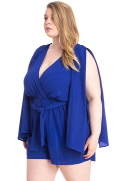 Shimmer Fabric Draped Open Sleeve Romper ccwholesaleclothing