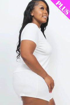 Plus Size Ribbed Short Sleeve Top & shorts Set