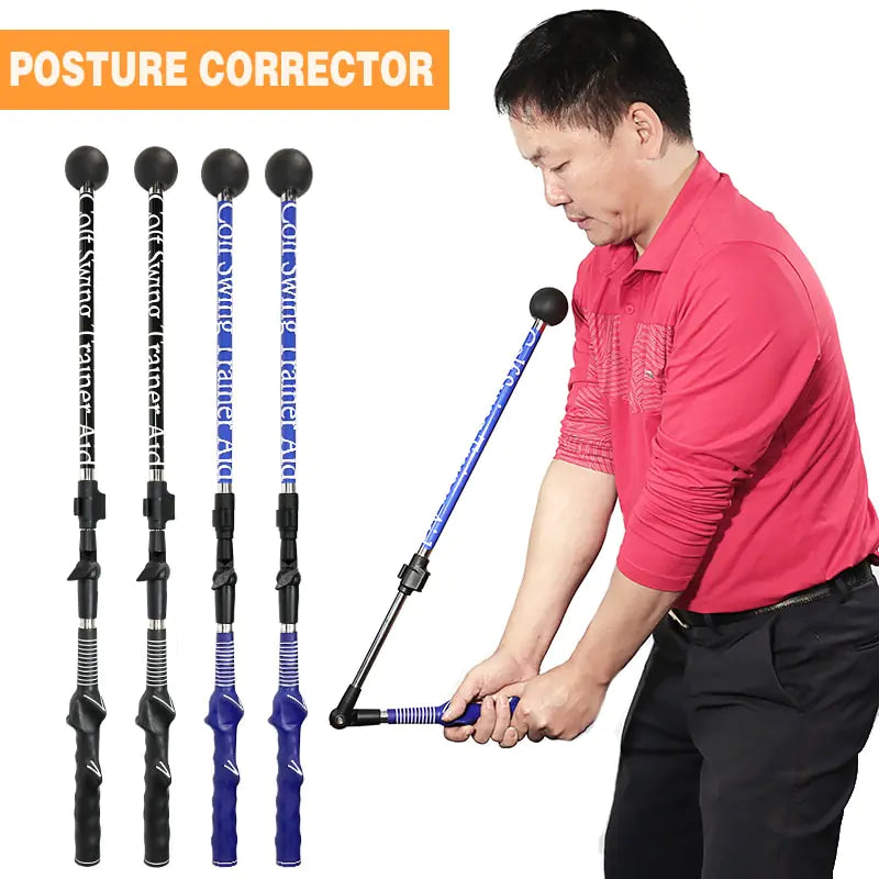 Man using golf swing training aid posture corrector in red shirt with three aids displayed.