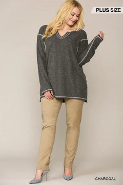 Two-tone Ribbed Tunic Top With Side Slits ccwholesaleclothing