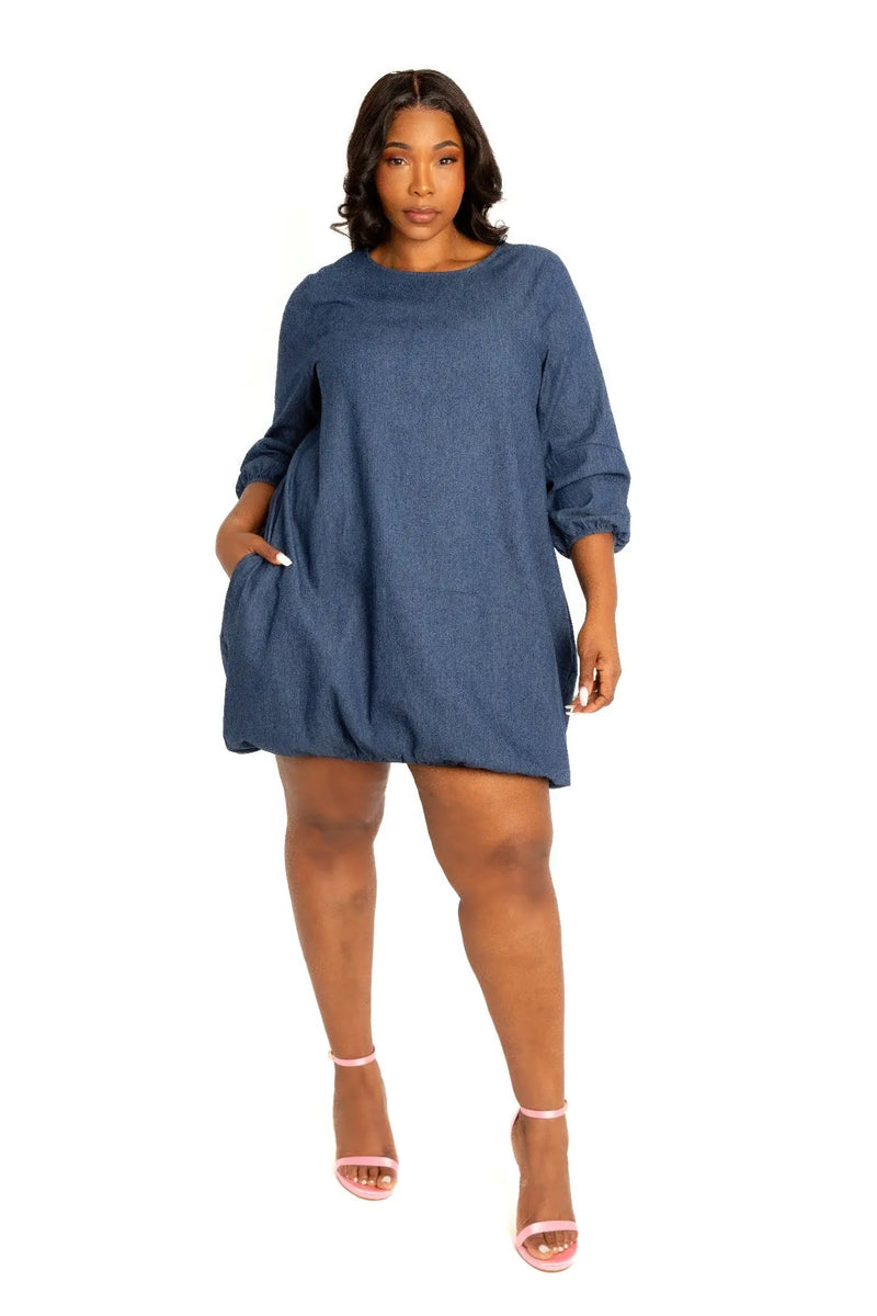 Washed denim bubbled dress | Plus