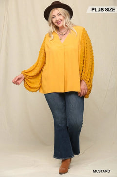 Woven Chiffon Top with Textured Fabric and Sheer Voluminous Sleeves