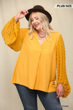 Woven Chiffon Top with Textured Fabric and Sheer Voluminous Sleeves