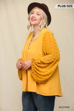 Woven Chiffon Top with Textured Fabric and Sheer Voluminous Sleeves