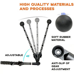 Golf swing training aid with adjustable angle, soft rubber material, and anti-slip gear adjustments for precision practice.